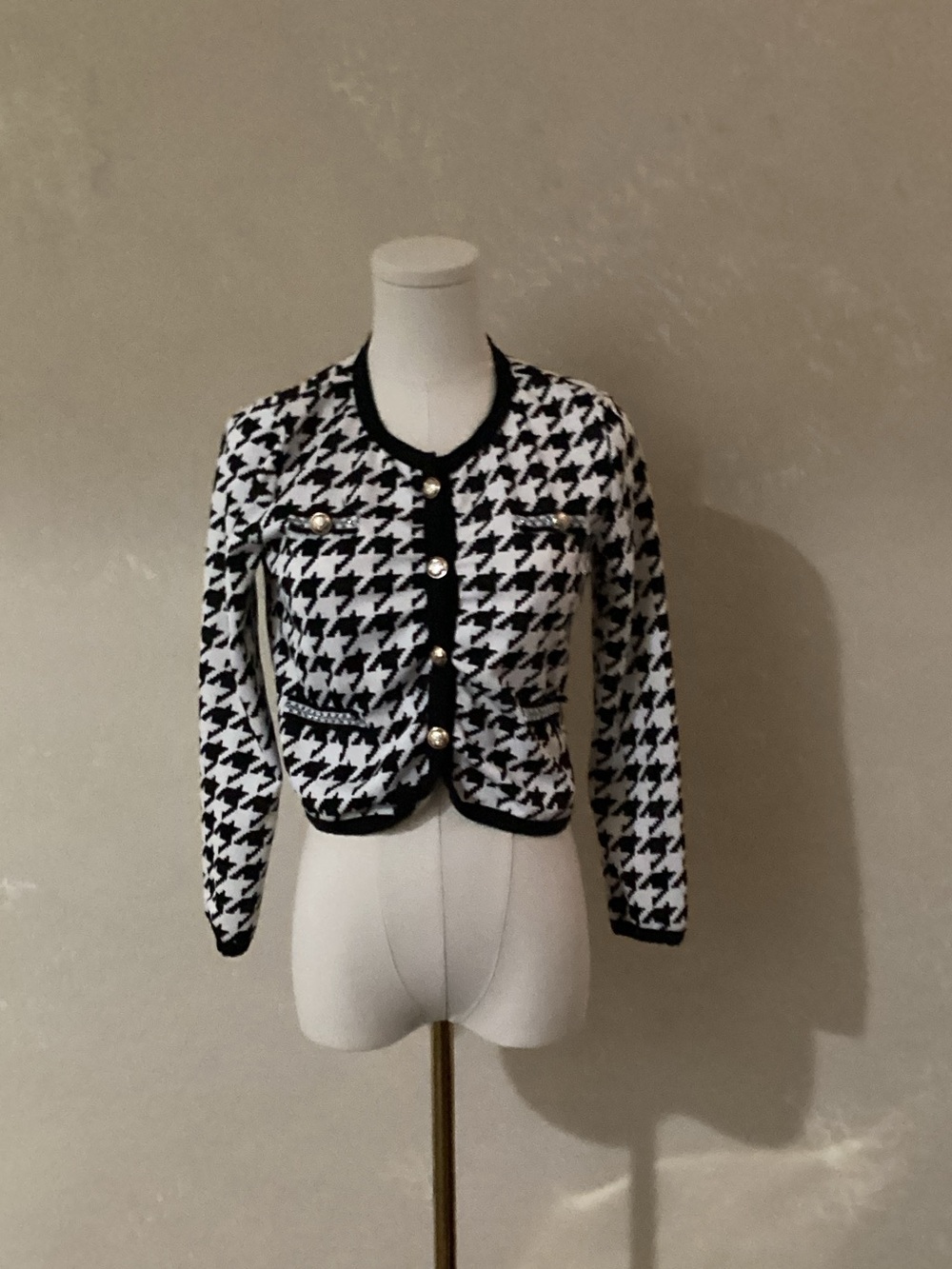 SHEIN Black and White Houndstooth Button-Down Cardigan